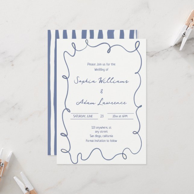 Convite Blue  Hand Written Pinstripes Whimsical Wedding (Frente/Verso In Situ)