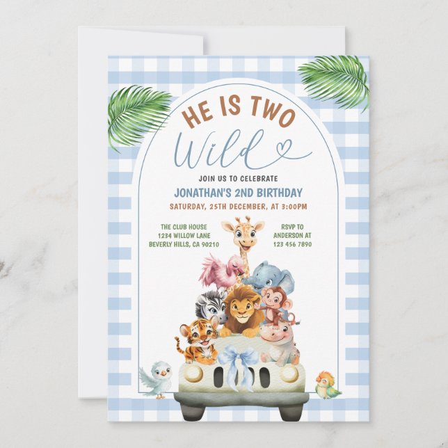 Convite Blue He is Two Wild Safari Animals Birthday Party (Frente)