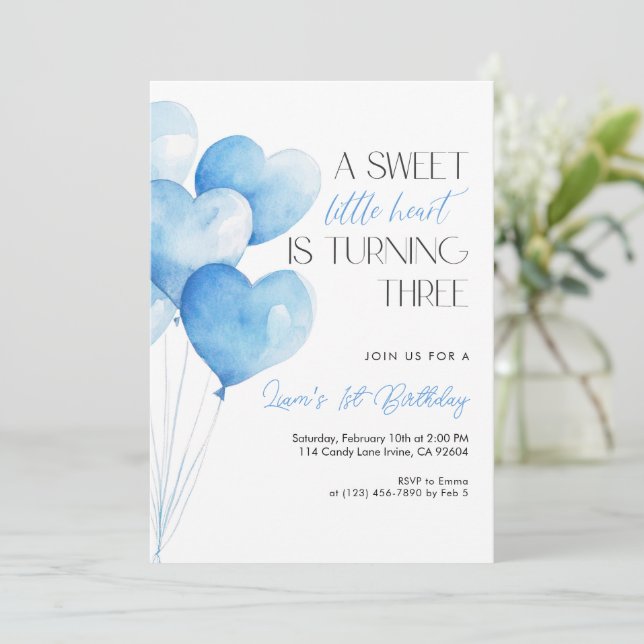 Convite Blue Heart Balloon 3rd Birthday (Em pé/Frente)