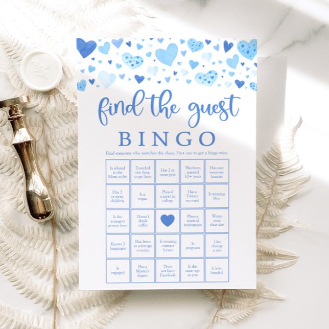 Convite Blue Hearts Namorados Find the Guest Bingo Game (Watercolor Cute Blue Hearts Valentine Sweetheart February Boy Find the Guest Bingo Baby Shower Game)