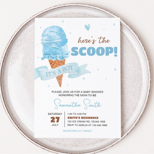 Convite Blue Here's the Scoop Chá de fraldas (Boy Ice Cream Baby Shower Invitation)