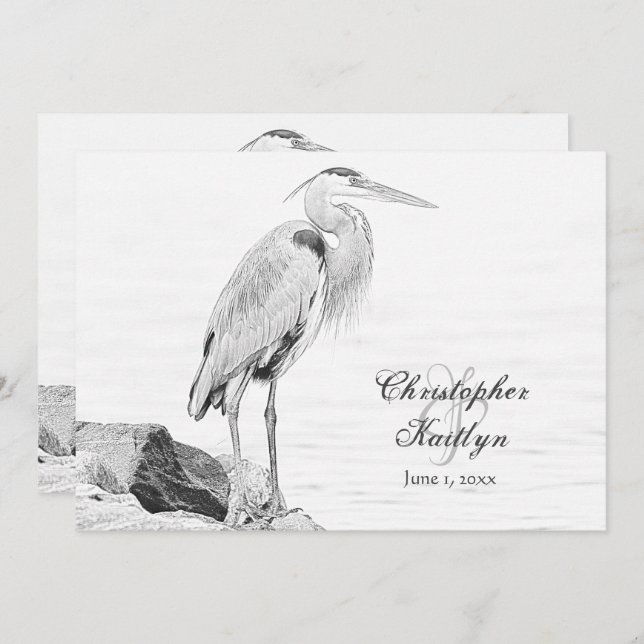 Convite Blue Heron e Rocks, Casamento de Sketch de Aves Aq (Frente/Verso)
