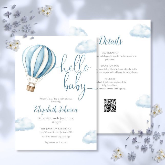Convite Blue Hot Air Balloon Boy All In One Chá de fraldas (Blue Hot Air Balloon Boy All In One Baby Shower Invitation)