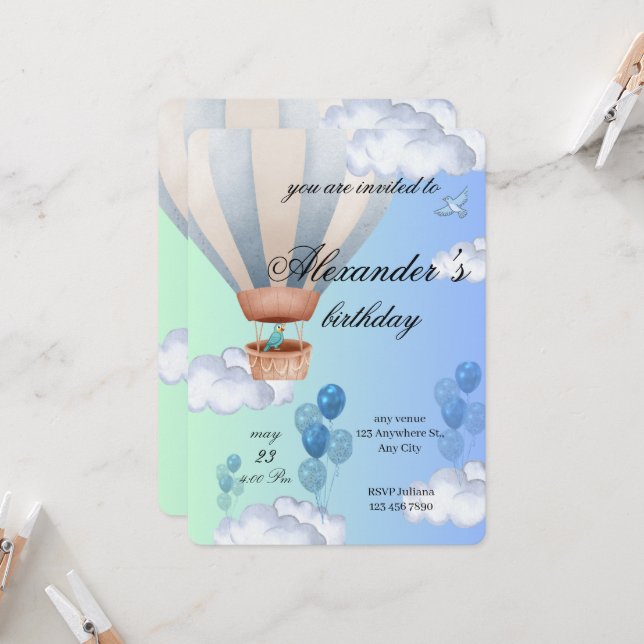 Convite Blue Hot Air Balloon Boy Birthday Invitation  (Frente/Verso In Situ)