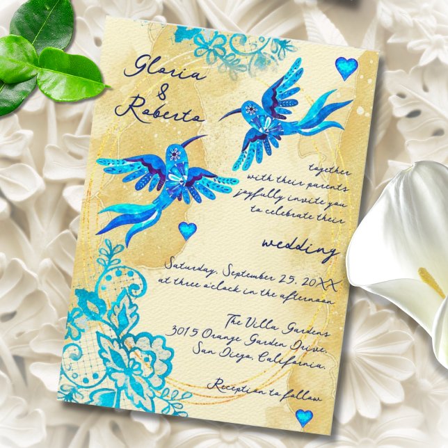 Convite Blue Hummingbird Baroque Vintage Mexican Wedding (Criador carregado)