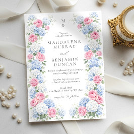 Convite Blue Hydrangea and Pink Rose Floral Garden Wedding