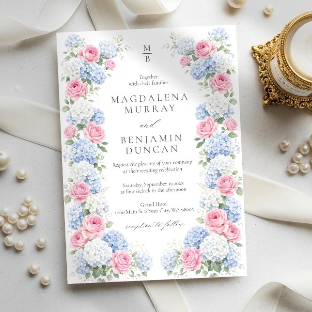 Convite Blue Hydrangea and Pink Rose Floral Garden Wedding (Criador carregado)
