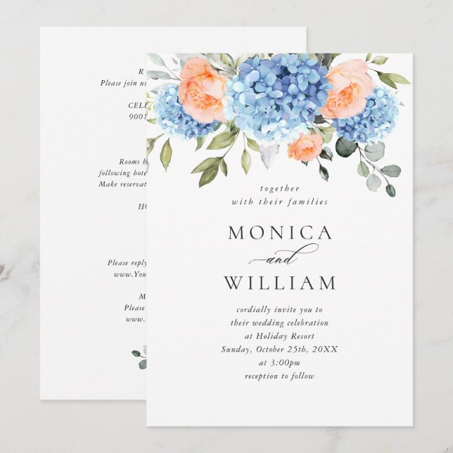 Convite Blue Hydrangea Blush Roses Rosa Casando Tudo Em Um (Frente/Verso)