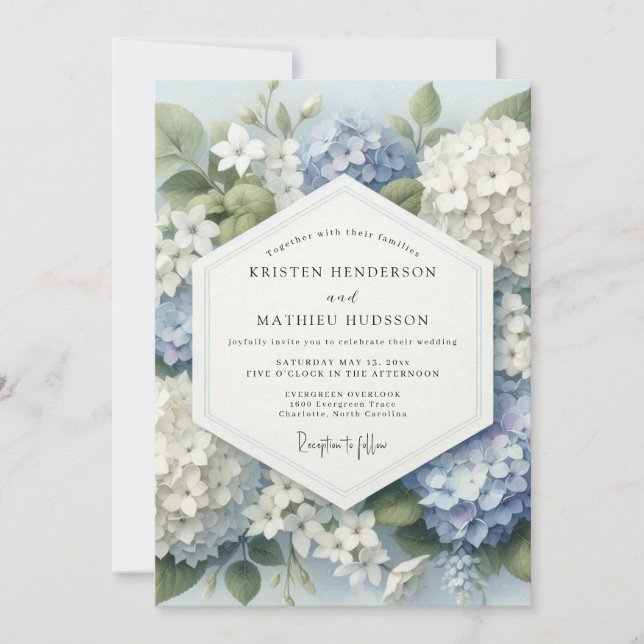 Convite Blue Hydrangea Botanical Bloom Wedding (Frente)