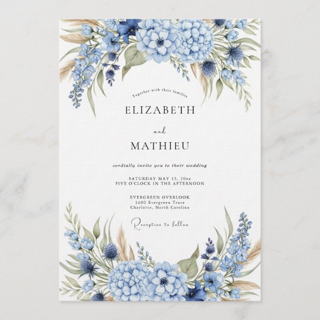Convite Blue Hydrangea Botanical Wedding (Frente)