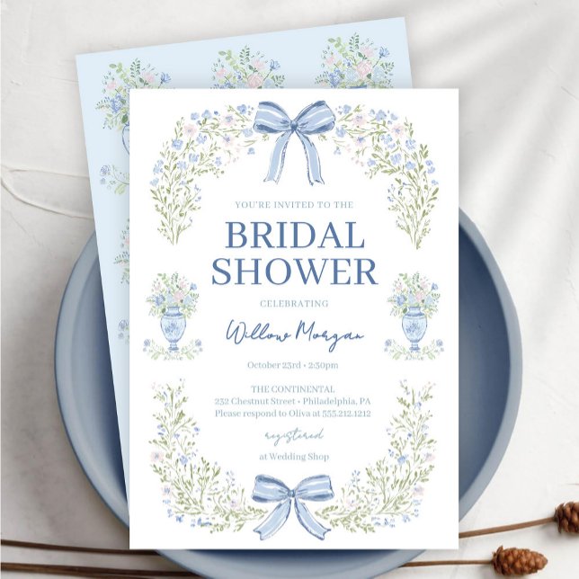 Convite Blue Hydrangea Bow Bridal Shower Invitation (Criador carregado)