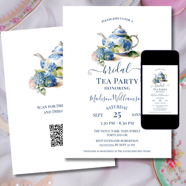 Convite Blue Hydrangea Bridal Tea Party Código QR (Criador carregado)