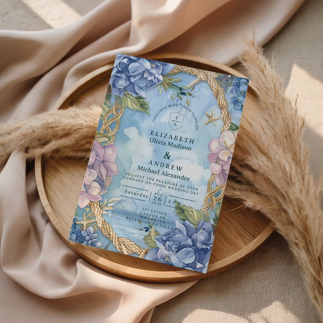 Convite Blue Hydrangea Coastal Rope Wedding (Criador carregado)