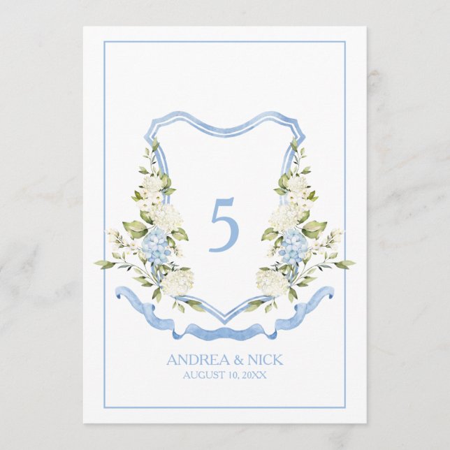 Convite Blue Hydrangea Crest Monogram Card (Frente)