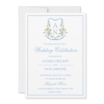 Blue Hydrangea Crest Monogram Wedding Invitation