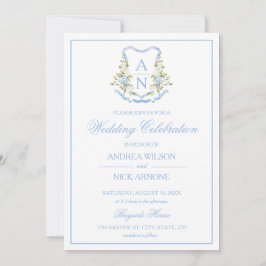 Convite Blue Hydrangea Crest Monogram Wedding Invitation