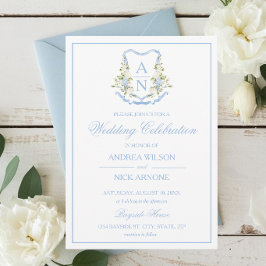 Convite Blue Hydrangea Crest Monogram Wedding Invitation