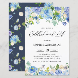 Convite Blue Hydrangea e Rosa Celebração da Vida