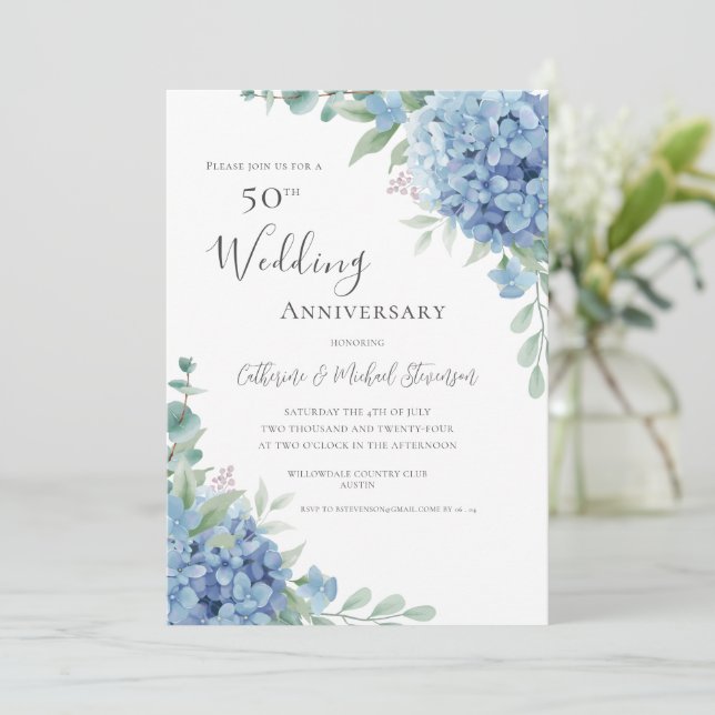 Convite Blue Hydrangea Floral 50th Wedding Anniversary (Em pé/Frente)