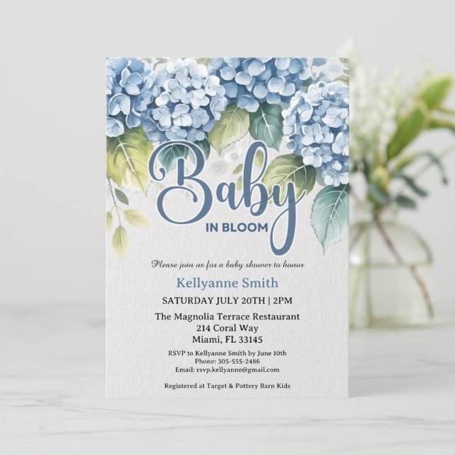 Convite Blue Hydrangea Floral "Baby In Bloom" Shower (Em pé/Frente)