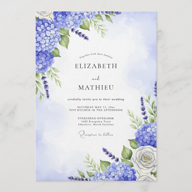 Convite Blue Hydrangea Floral Whimsy Wedding (Frente)