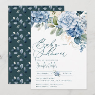 Convite Blue Hydrangea Flores Saem Chá de fraldas