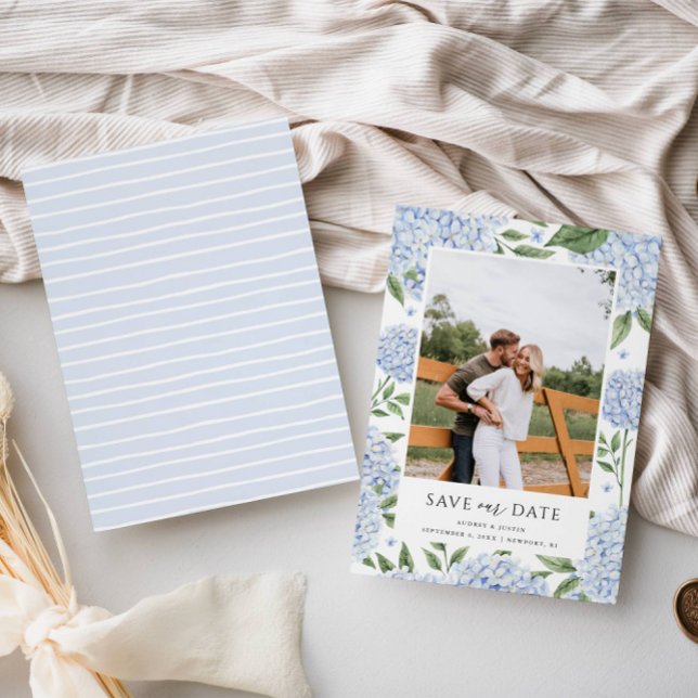 Convite Blue Hydrangea Foto com quadro Salvar data (Criador carregado)