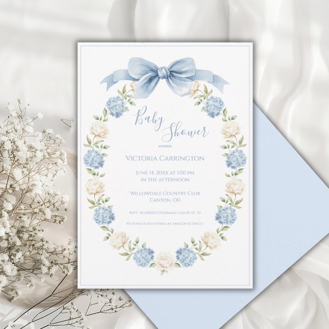 Convite Blue Hydrangea Frame Elegant Bow Baby Shower  (Criador carregado)