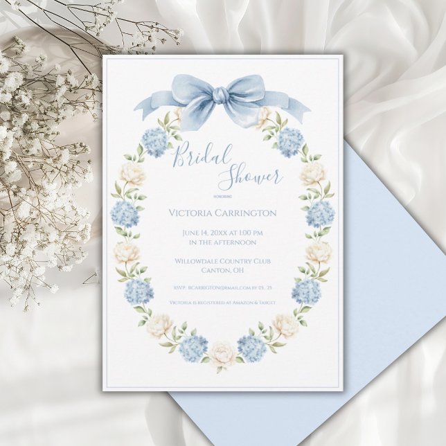 Convite Blue Hydrangea Frame Elegant Bow Bridal Shower  (Criador carregado)