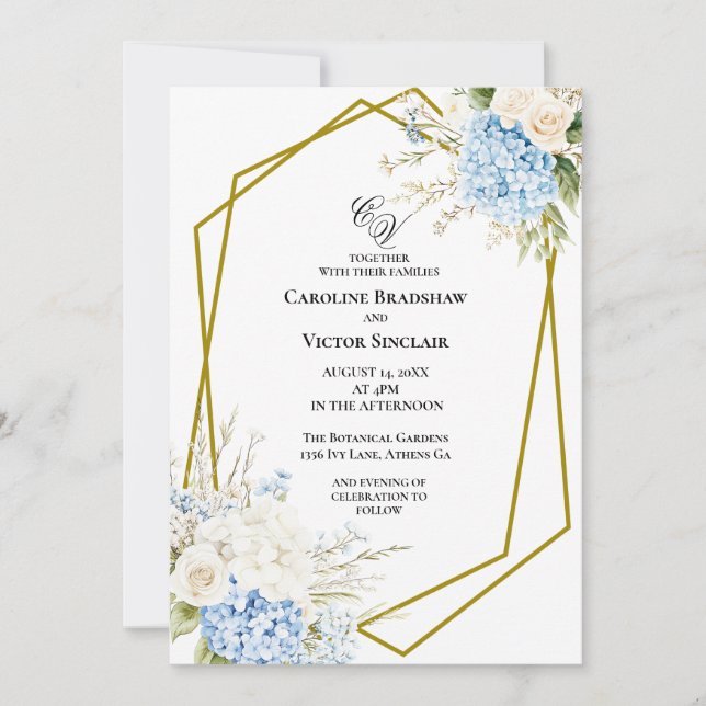 Convite Blue Hydrangea Geometric Wedding Invitation (Frente)