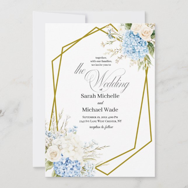 Convite Blue Hydrangea Geometric Wedding Invitation (Frente)
