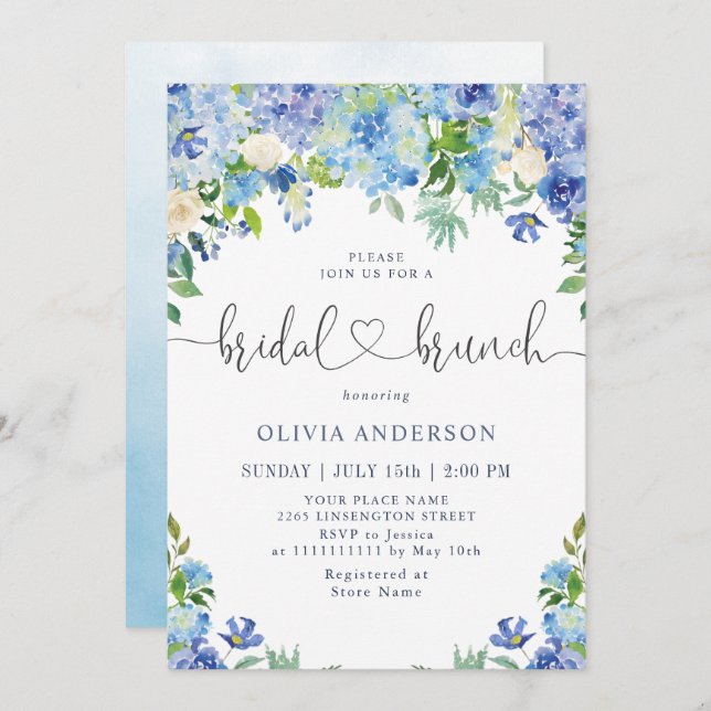 Convite Blue Hydrangea Greenery Watercolor Bridal Brunch (Frente/Verso)