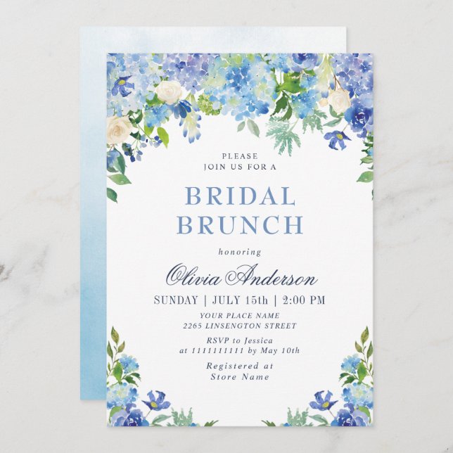Convite Blue Hydrangea Greenery Watercolor Bridal Brunch (Frente/Verso)