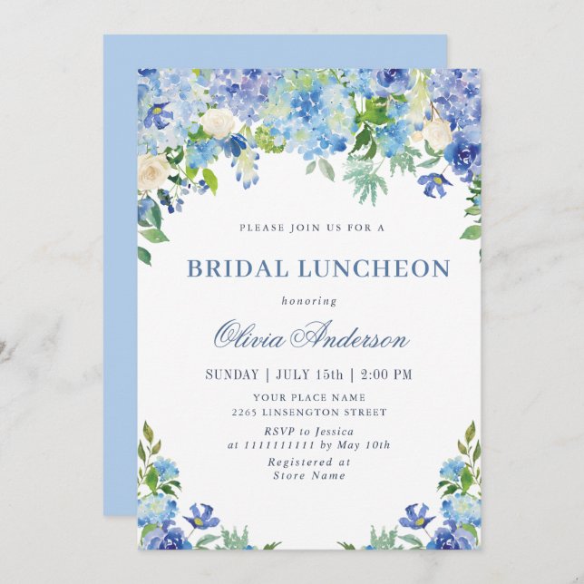 Convite Blue Hydrangea Greenery Watercolor Bridal Luncheon (Frente/Verso)