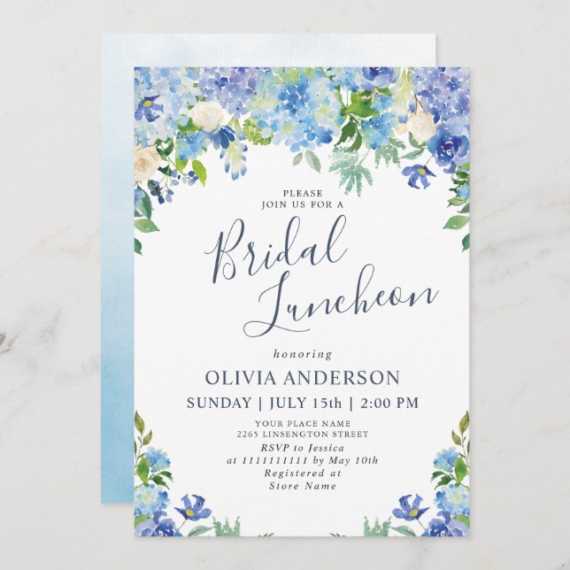Convite Blue Hydrangea Greenery Watercolor Bridal Luncheon (Frente/Verso)