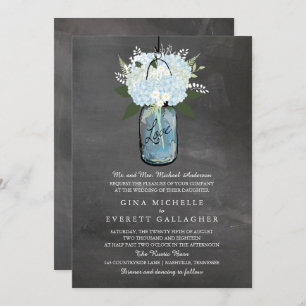 Convite Blue Hydrangea Mason Jar Chalkboard Casamento