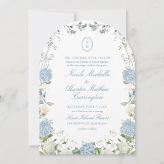 Convite Blue Hydrangea Monogram Wedding Arch Invitation