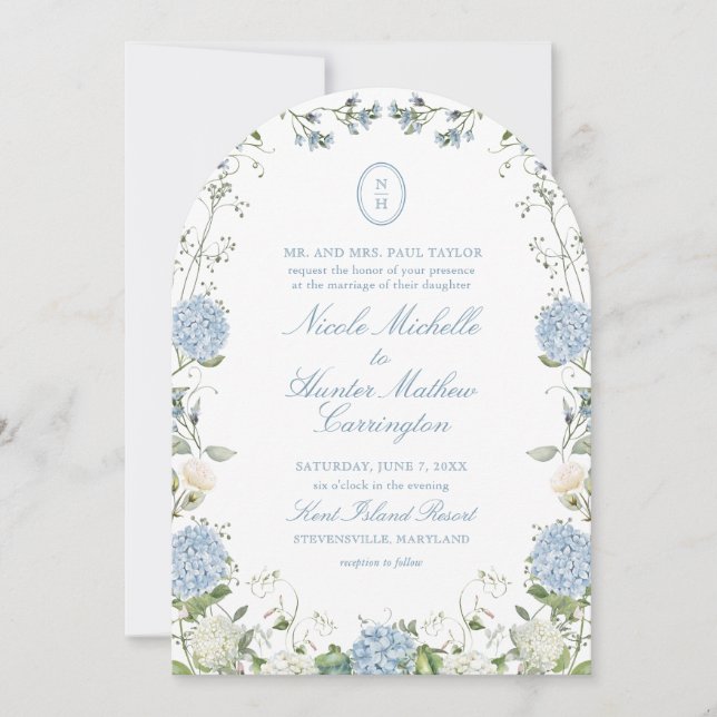 Convite Blue Hydrangea Monogram Wedding Arch Invitation (Frente)