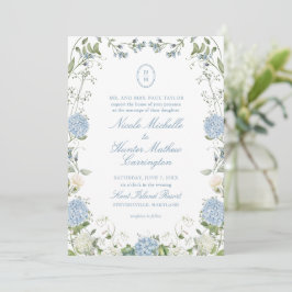 Convite Blue Hydrangea Monogram Wedding Crest Invitation