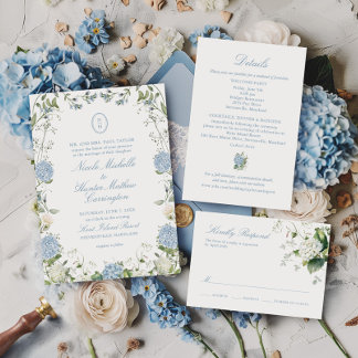Convite Blue Hydrangea Monogram Wedding Crest Invitation