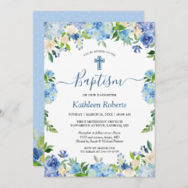Convite Blue Hydrangea Pastel Floral Baptism Christening