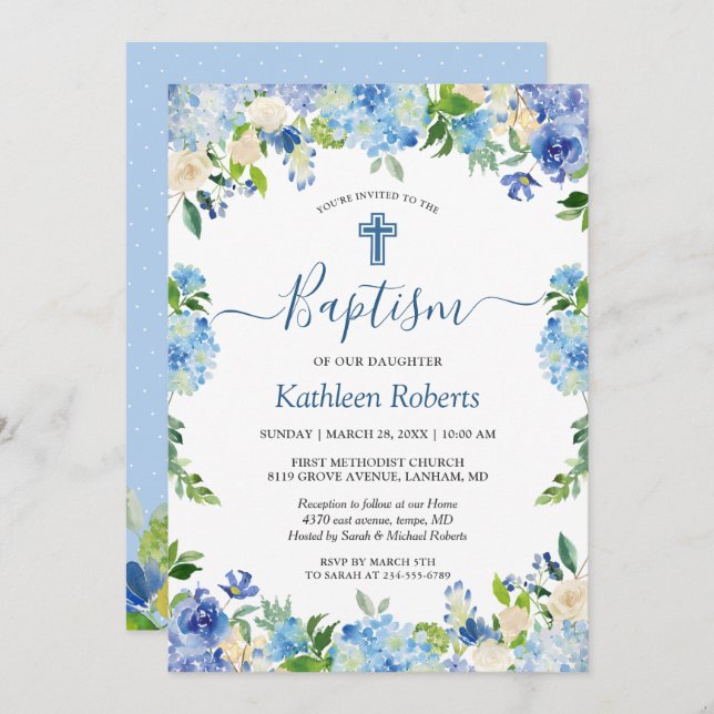 Convite Blue Hydrangea Pastel Floral Baptism Christening (Frente/Verso)