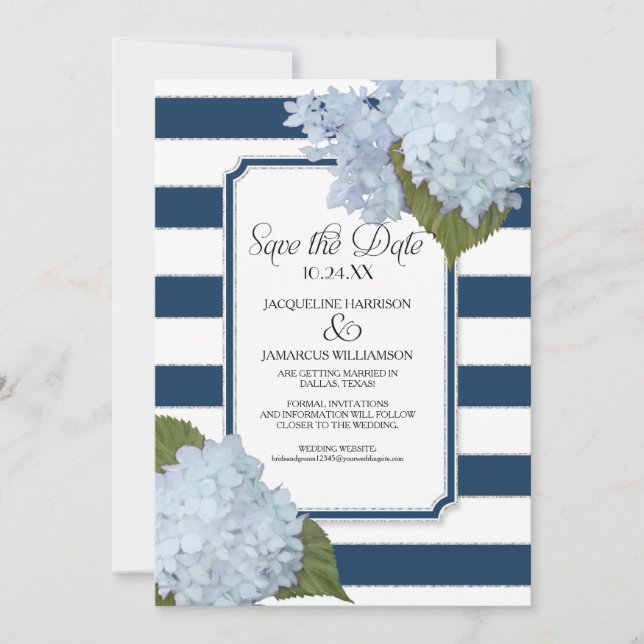 Convite Blue Hydrangea Save the Date Floral Listrado Largo (Frente)
