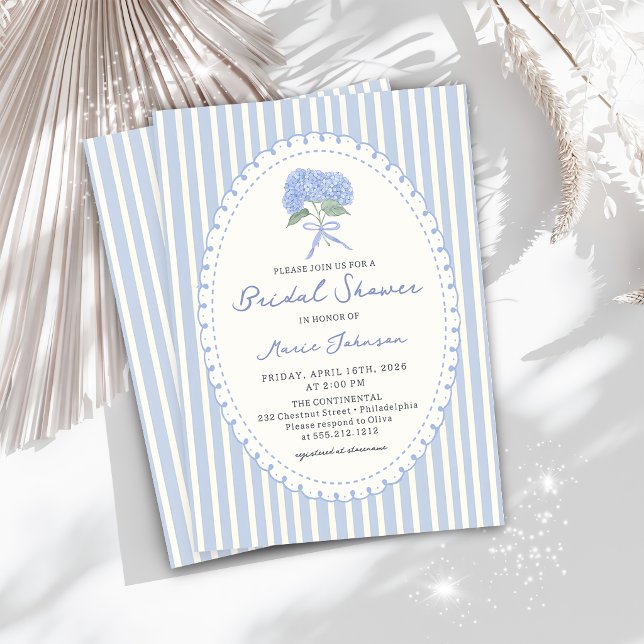 Convite Blue Hydrangea Stripes Bridal Shower Invitation (Criador carregado)