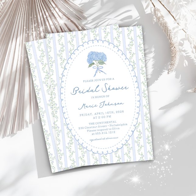 Convite Blue Hydrangea Stripes Bridal Shower Invitation (Criador carregado)