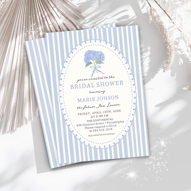 Convite Blue Hydrangea Stripes Bridal Shower Invitation (Criador carregado)
