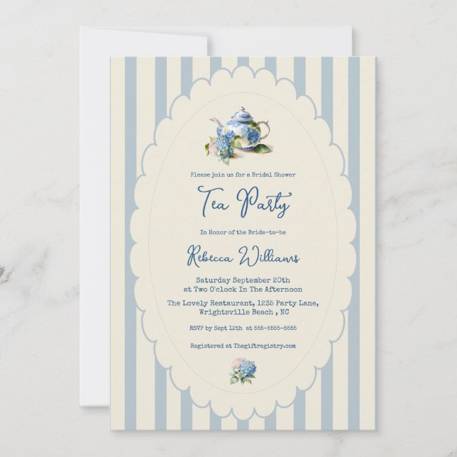 Convite Blue Hydrangea Tea Party Bridal Shower (Frente)