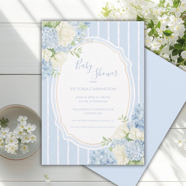 Convite Blue Hydrangea Vintage Frame Baby Shower  (Criador carregado)
