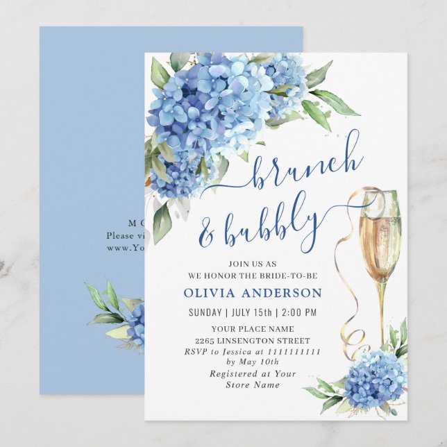 Convite Blue Hydrangea Watercolor Brunch Floral e Bubbles (Frente/Verso)