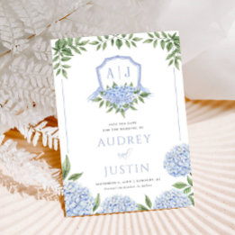 Convite Blue Hydrangea Watercolor Crest Salvar a Data